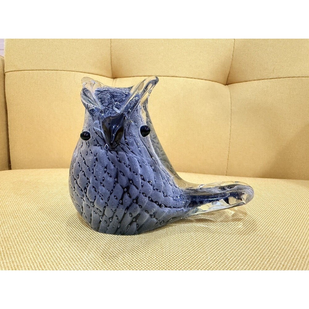 Glass Owl Gray - Hand Blown - Detailed Feathers 1 lb 4 oz 5 " long